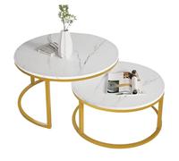 Qcesorib Set de 2 Mesas de Centro Nido, Multifuncional Mesa Centro Salon con Marco Dorado, Mesa de Centro Redonda Moderno, Marco de Metal Dorado, para Sala de Estar, Dormitorio, Balcón