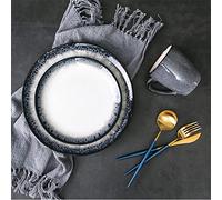 QCKNKMGG Los frutos, Juego de vajilla de gres de 16 piezas, platos, cuencos y tazas de 26,5/21,5/15 cm, en negro y crema.