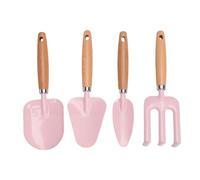 Qcwwy 4 Uds Palas de Jardín para Niños, Juego de Rastrillo de Mano, de Madera, Cabeza de Hierro, Juego de Playa, Rastrillo de Excavación, Herramienta de Jardinería para Niños (Rosada)