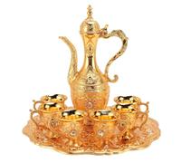 Qcwwy Juego de Cafetera Turca Vintage, Juego de té Turco de Metal con 6 Tazas y Decantador de Vino para Fiesta en Casa (GOLD)