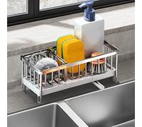 QCXWCJWD Organizador de Fegadero de Cocina, Sink Caddy Inoxidable 304 con Bandeja de Drenaje, Sink Caddy Estante de Renaje de Esponja Porta Esponja Cocina Fregadero para Esponja Tapón (Silver)