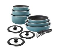 QDESIGN - Batería de cocina (10 unidades, sartenes+tapas+mango extraíble, aluminio antiadherente sin PFOA, todos los fuegos, incluida inducción, apto para lavavajillas y nevera, color azul, apilables