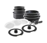 QDESIGN - Batería de cocina (14 piezas, cacerolas + sartenes + tapas herméticas + asas extraíbles, aluminio antiadherente para todo tipo de fuegos, incluida inducción, apto para lavaplatos, color