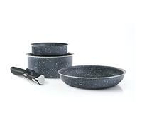 Qdesign - Batería de cocina de inducción (4 piezas, 2 ollas de 16 y 20 cm, 1 sartén de 24 cm y 1 mango extraíble, aluminio ignífugo, color gris mármol)