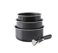 QDESIGN - Juego de 3 cacerolas de aluminio antiadherente sin PFOA con mango extraíble, para todo tipo de fuegos, incluida inducción, apto para lavavajillas y nevera, color negro, apilables 16/18/20 cm