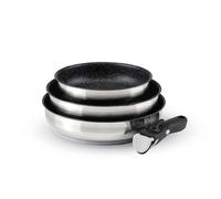 Qdesign - Juego de 4 utensilios de cocina de inducción - Juego de 3 sartenes antiadherentes de 20, 24 y 26 cm con mango extraíble - Acero inoxidable - Todas las fuentes de calor - Sin PFOA -