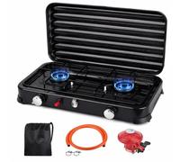 Qdreclod Cocina Gas Portátil 2 Fuegos 4,4 kW, Hornillo Camping Gas Butano con Encendido Piezoeléctrico, Manguera 150 cm y Regulador 37 mbar, Tapa Extraíble para Camping y Barbacoa, Negro