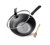Qectial Wok Hierro con Recubrimiento Antiadherente para Cocinar a con Forma Curva Profunda Que Evita Salpicaduras Acuado para Salteados Rápidos y Frituras, 30CM, 30CM con Tapa