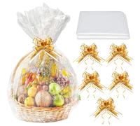 QEDBOJE 5 piezas Bolsas de Celofán Grandes, Bolsas Transparentes para Regalos, Papel Celofán con Cinta de Arcos y Cierres de Alambre para Cestas, Ramos, Manualidades y Envoltorio (60 x 90 cm)