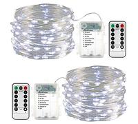 Qedertek 2 Piezas Guirnaldas Navideñas Exterior, 10M 100 LED Con Pilas y Control Remoto, Cadena de Luces de Alambre de Plata, 8 Modos, Impermeable, Luz Blanca Para Árbol de Navidad