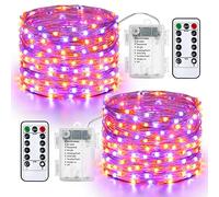 Qedertek 2 Piezas Luces de Navidad Exterior, 10M 100 LED Luces Guirnaldas con Pilas con Control Remoto, 8 Modos, Impermeable, Luz Naranja Púrpura de Arbol de Navidad