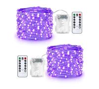 Qedertek 2 Piezas Luces de Navidad Exterior, 10M 100 LED Luces Guirnaldas con Pilas con Control Remoto, 8 Modos, Impermeable, Luz Púrpura de Arbol de Navidad