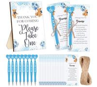 Qeeenar Juego de 50 recuerdos de baby shower para invitados, 1 letrero de agradecimiento por venir, 50 bolígrafos en forma de corazón, 50 tarjetas de agradecimiento con cordel para baby shower (niño,