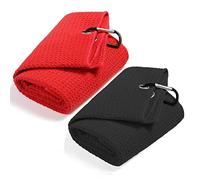 QeeHeng 2 Toallas de Golf de Microfibra con patrón de gofre, Divertidas Toallas de Golf con Clip para Bolsas de Golf para Hombres, Juego de Toallas de Golf de Tres Pliegues (Negro + Rojo)