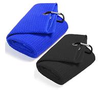 QeeHeng 2 Toallas de Golf, Divertidas Toallas de Golf con Clip para Bolsas de Golf para Hombres, Juego de Toallas de Golf con patrón de gofre de Microfibra Triple (Negro + Azul)
