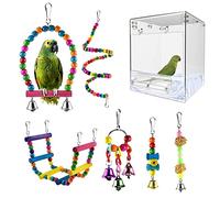 QeeHeng Bañera para pájaros, Caja de baño para pájaros, Bandeja para alimentador de Alimentos para pájaros pequeños, (Caja de baño para pájaros sin Fugas + 6 Juguetes para pájaros) (Transparente)