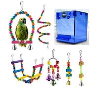 QeeHeng Bañera para pájaros, Caja de baño para pájaros, Bandeja para alimentador de Alimentos para pájaros pequeños, (Caja de baño para pájaros sin Fugas + 6 Juguetes para pájaros) (Azul)