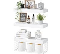 QEEIG Estantes Flotantes Blancos para Baño con Canasta, Estanterias Almacenaje, Estanterias para Libros Pared, Cocina, Dormitorio, Sala de Estar, Granja, Pequeño, 16 Pulgadas, Juego de 3
