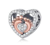 QeenseKc Abalorio de corazón con huella de oro rosa brillante compatible con pulseras Pandora, regalo para mamá