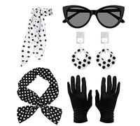 QEEQPF 5 piezas de los años 50 para mujer, accesorios de disfraz de gasa, bufanda, diadema, gafas, guantes, pendientes para mujer, trajes de fiesta vintage., negro y blanco, Talla única