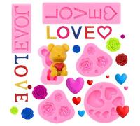 QEEYON 6 Piezas Moldes de Silicona para Fondant, Molde de Silicona 3D Del Alfabeto con Forma de Amor, Molde de Oso Con de Corazón, Flores, Cubitos de Hielo, Bandeja Molde de Hornear