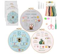 QEEYON Kit de práctica de bordado para principiantes, 3 juegos de kit de iniciación de bordado para adultos, aprendizaje de 30 puntadas diferentes, incluye tela con patrones, hilo, agujas, aros