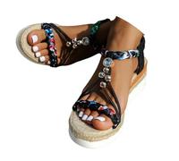 QEFRETH Sandalias de cuña para mujer, sandalias anchas para mujer, sandalias de plataforma con diamantes de imitación bohemios con diamantes de imitación y correa al tobillo, cómodos zapatos de punta
