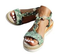 QEFRETH Sandalias de cuña para mujer, sandalias anchas para mujer, sandalias de plataforma con diamantes de imitación bohemios con diamantes de imitación y correa al tobillo, cómodos zapatos de punta