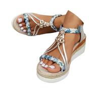 QEFRETH Sandalias de cuña para mujer, sandalias anchas para mujer, sandalias de plataforma con diamantes de imitación bohemios con diamantes de imitación y correa al tobillo, cómodos zapatos de punta