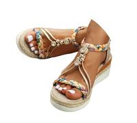 QEFRETH Sandalias de cuña para mujer, sandalias anchas para mujer, sandalias de plataforma con diamantes de imitación bohemios con diamantes de imitación y correa al tobillo, cómodos zapatos de punta
