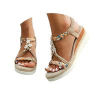 QEFRETH Sandalias de cuña para mujer, sandalias anchas para mujer, sandalias de plataforma con diamantes de imitación bohemios con diamantes de imitación y correa al tobillo, cómodos zapatos de punta