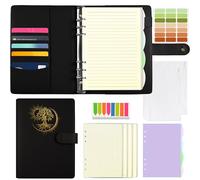 Qefuna A5 Carpeta de anillas, cubierta de PU con motivo del Árbol de la Vida solar grabado en papel de aluminio, libreta con 180 hojas de recambio, bolsillos y separadores,Negro