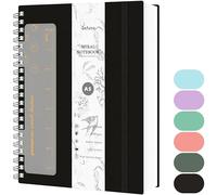 Qefuna Cuaderno A5 Rayado, Cuaderno Espiral de 300 Páginas, Papel Antitinta 100g/M², Tapa Dura de PVC, con Regla, Bolsillos Ampliables, Gomas Elásticas, para Mujer, Hombre, 14,5 x 21 cm-Negro