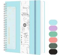 Qefuna Cuaderno de Puntos A5, Bullet Dot Journal,Cuaderno de Espiral de 300 Páginas,Papel Antitinta de 100 g/M²,Tapa Dura de PVC, con Regla,Bolsillos Ampliables,Bandas Elásticas,14,5 x 21 cm-Azul