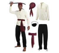 QEKFDOV Juego de 5 accesorios para disfraz de pirata, disfraz medieval de pirata con bandana, cinturón, parche para Halloween, capitán y carnaval. (negro, 2XL)