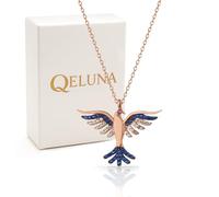 QELUNA Collar Fénix Mujer de Plata Bañada en Oro Rosa, Colgante Ave Fénix con Circonitas Azules y Blancas Ultrabriglantes, Cadena 41 cm, Joya Espejo de Alto Brillo, Regalo Simbólico para Ella