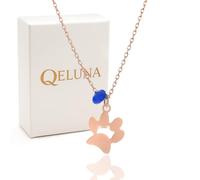 QELUNA NATURA - Collar patita mascota mujer, colgante huella perro y gato en plata con baño de oro rosa y ágata azul, cadena 40 cm, collar minimalista de alto brillo regalo amantes de animales