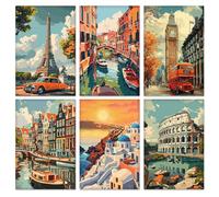 QENSPE 6 Piezas Kit de Pintura por Números, Lienzos Estirados para Pintar para Adultos, Pintura al Óleo Acrílica para Estudiantes Principiantes Dibujo, Paisaje Urbano Vintage (20x30 cm)