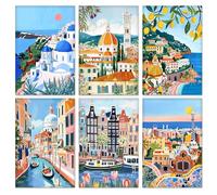 QENSPE 6 Piezas Kit de Pintura por Números, Lienzos Estirados para Pintar para Adultos, Pintura al Óleo Acrílica para Estudiantes Principiantes, Suministros para Dibujo, Paisaje Urbano (20x30 cm)