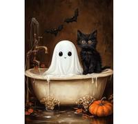 QENSPE Diamond Painting Halloween Diamante Pintura 5D DIY Fantasmas y Gatitos Cuadro Diamantes Set Completo para Adultos Principiantes (LKJ021) - 30x40cm