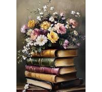 QENSPE Pintar por Numeros para Adultos, Kit de Pintura al óleo Principiantes DIY Paint by Numbers para Decorazione Casa Muro, Sin Marco, 40x30 cm (Libros y Flores)