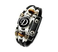 QEOTOH Handmade 26 Letter Leather Bracelet, Adjustable Black Leather Initial Bracelet with Matching A-Z Letter Pattern, Boho Multilayer Braided Leather Beaded Bangle Jewelry Gifts for Men Women (D)