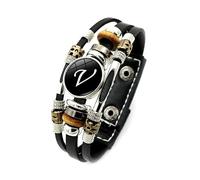 QEOTOH Handmade 26 Letter Leather Bracelet, Adjustable Black Leather Initial Bracelet with Matching A-Z Letter Pattern, Boho Multilayer Braided Leather Beaded Bangle Jewelry Gifts for Men Women (V)
