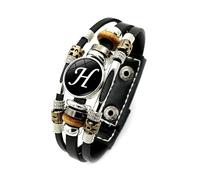 QEOTOH Handmade 26 Letter Leather Bracelet, Adjustable Black Leather Initial Bracelet with Matching A-Z Letter Pattern, Boho Multilayer Braided Leather Beaded Bangle Jewelry Gifts for Men Women (H)