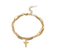QEOTOH Trendy Cross Pendant Double Layer Bracelet, Stylish Cross Pendant Layerd Chain, Christian Bracelets for Women Men Gifts (Golden)