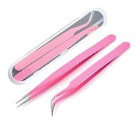 Qerwsdty Pinzas de PestañAs, Paquete de 2 Pinzas de Acero Inoxidable para Extensiones de PestañAs, Herramientas de PestañAs Postizas de Punta Recta y Curva, Rosa