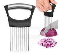 QEXUJOW Mandolinas,1 picador de cebolla de acero inoxidable negro, cortador de verduras, soporte para cebollas para cortar tomates y cebollas, ayuda para cortar