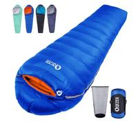 QEZER [Plumón] Saco de Dormir 0 Grados [-28℃~8℃] Saco de Dormir de Invierno 1kg/1.5kg Relleno de plumón - Adultos y niños-Sleeping Bag para Camping, Senderismo y Acampada (Azul Zafiro 7 °C)