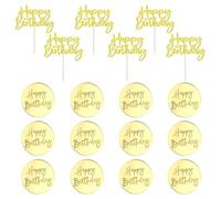 QFEHTHSK 12 Etiquetas Redondas para Tarta De Feliz Cumpleaños, 6 Piezas De Inserciones De Feliz Cumpleaños, Adornos Dorados para Tarta De Feliz Cumpleaños, Inserciones De Etiquetas para Tartas