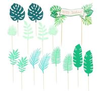 QFEHTHSK 14 Piezas De Inserciones De Hojas Tropicales, 1 Pieza De Inserto De Pancarta De Feliz Cumpleaños, Decoraciones De Pasteles De Cumpleaños, Inserciones De Hojas De Palma para Cupcakes